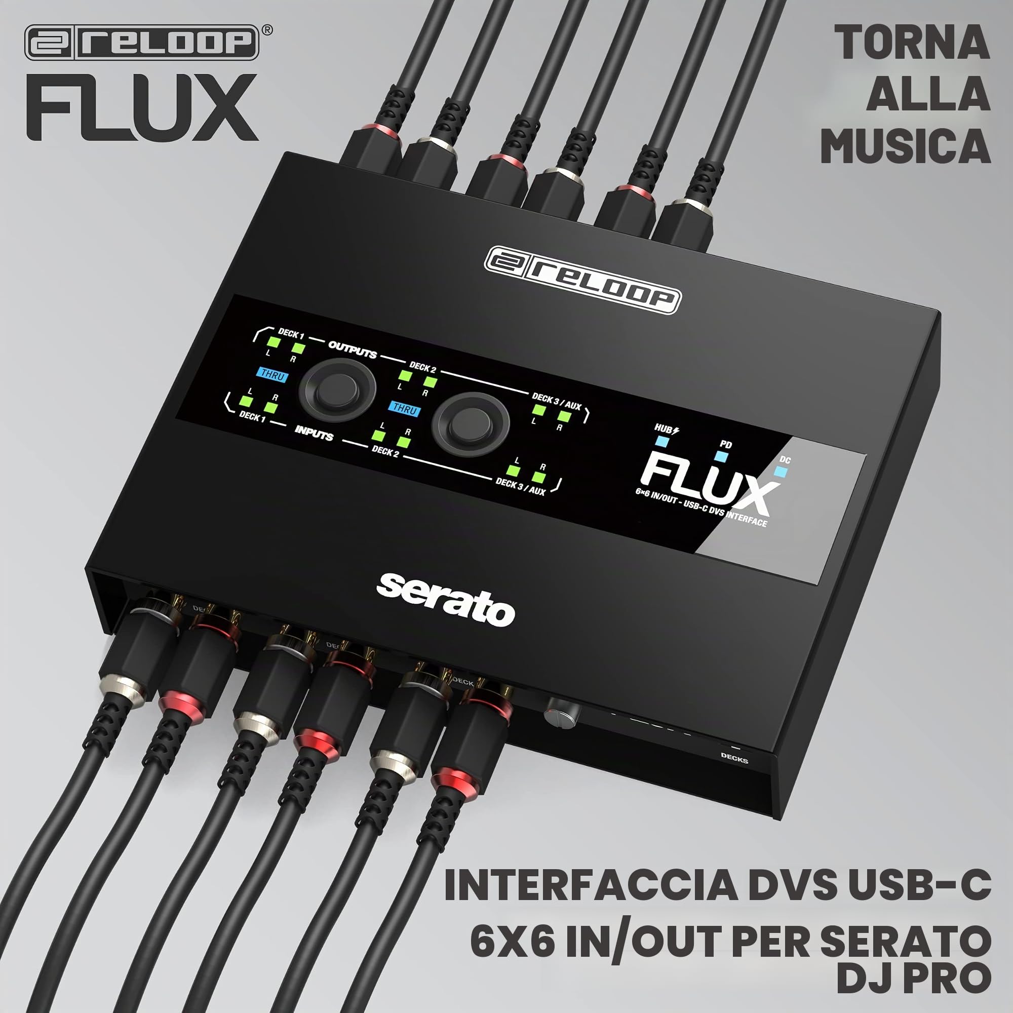 Reloop Flux - Interfaccia 6x6 IN/OUT USB-C DVS per Serato DJ Pro, 24-bit/96 kHz, compatibile con giradischi, CDJ o altri lettori multimediali, hub USB-A a 2 porte, robusto alloggiamento in metallo.