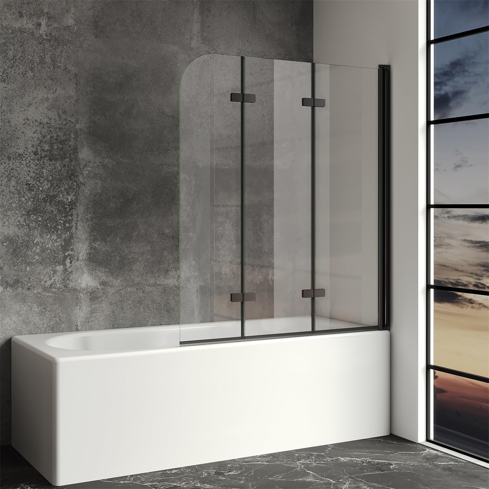 IMPTS Duschwand für Badewanne 140x140 cm Duschtrennwand Faltbare 3-teilig | 6 mm ESG Sicherheitsglas, Badewannenaufsatz 180º Faltbar, Rahmenloses Design, Transparentes Glas Schwarz