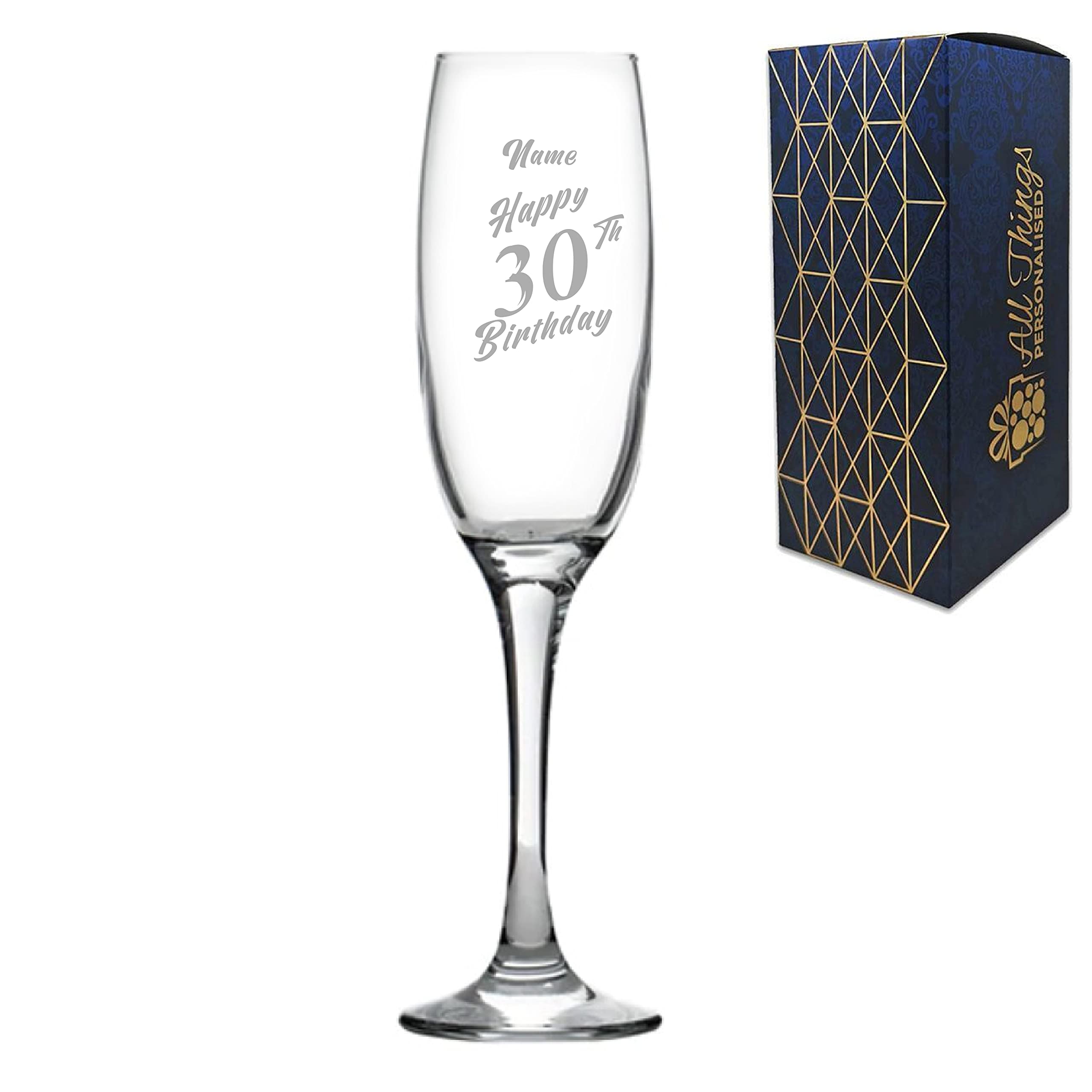 Personalised Engraved Champagne Flute Happy 30th Birthday Slanted Design Gift BoxedGlass Holds 7.43oz/220ml, Customise with Any Name, Engraved in The UK