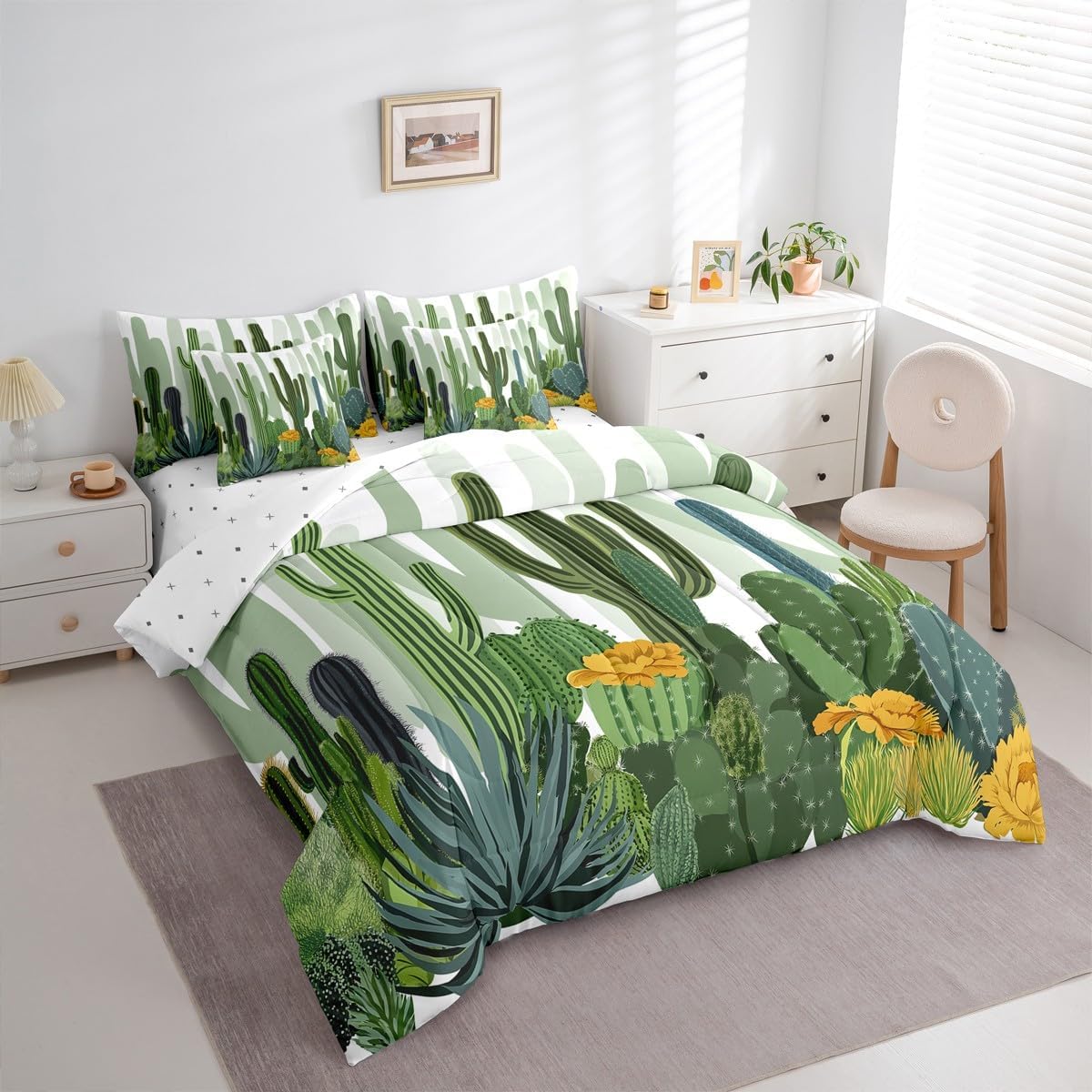 Erosebridal Cactus Comforter Set Prickly Pear Bed in A Bag Queen Size 7 Pieces Desert Plant Flower Bed Set Botanical Green Leaves Garden Style Bedding