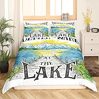 Vista 34 de Juego de funda de edredón rústica de madera con estampado de cabaña de lago tamaño Queen para niños, niñas, niños, adolescentes, decoración