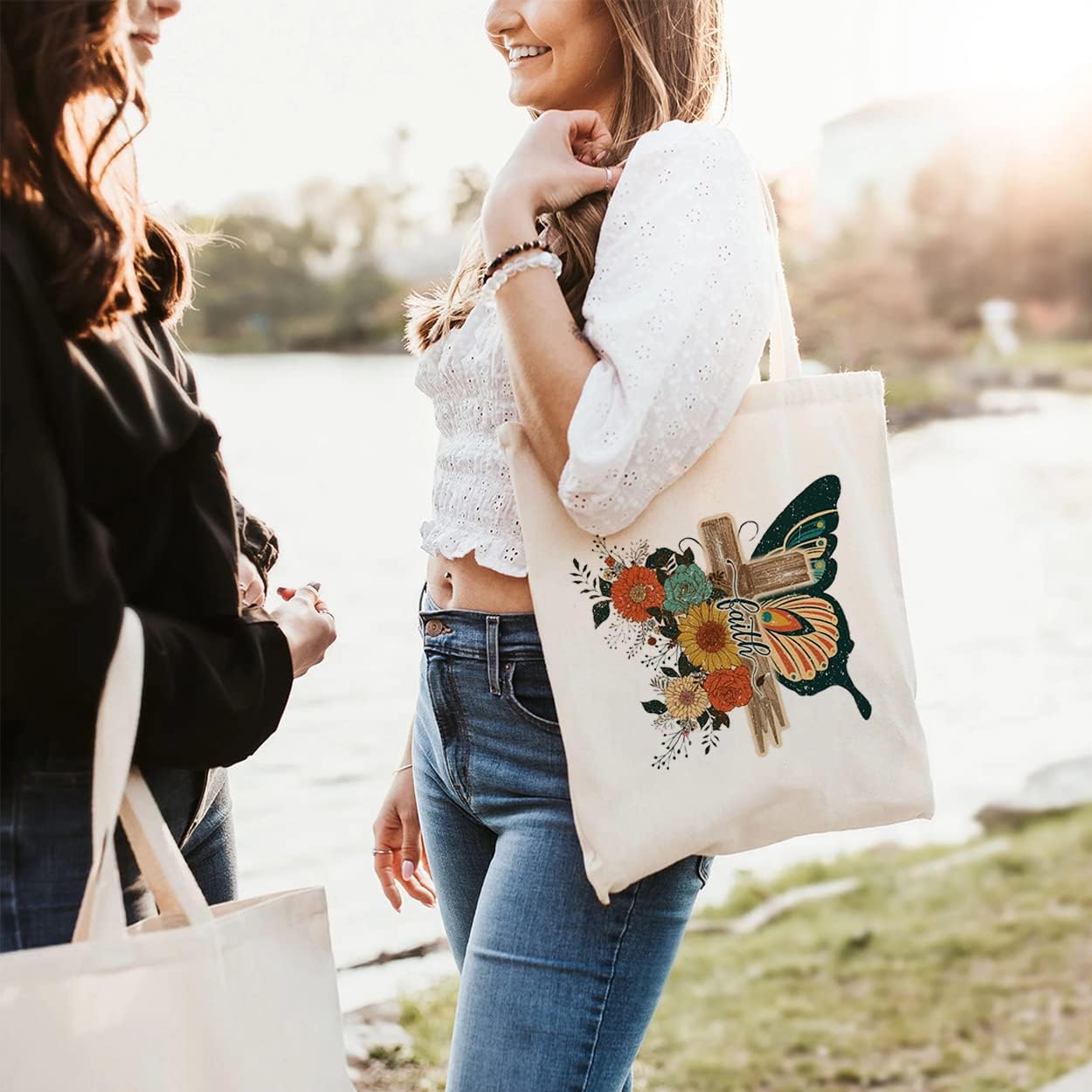 Christian Canvas Tote Bags for Women - Flower Butterfly Faith Cross Shoulder Bag - Christian Gift - Image 5