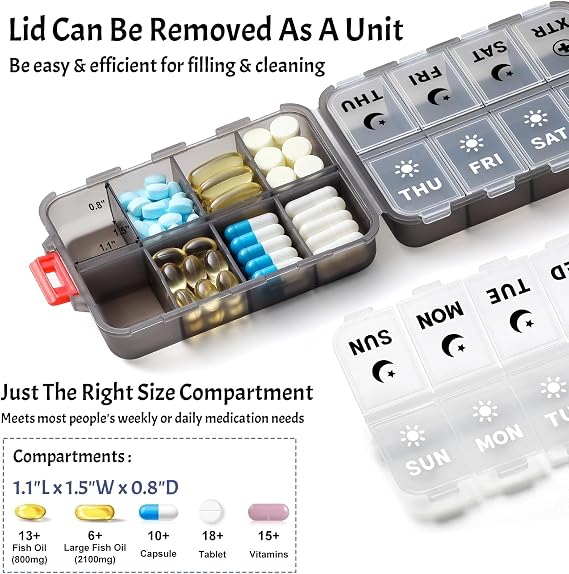 Foldable Weekly Pill Organizer 2 Times a Day with 2 Extra Compartments (Clear Printed Labels) - 7 Day AM PM Medicine Box, Week Daily Travel Pill Case Holder for Vitamin, Supplement - Clear Black