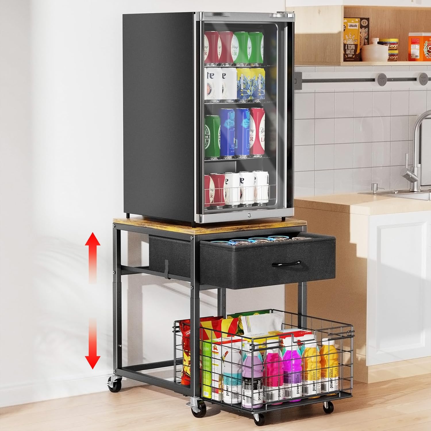 Housolution Mobile Mini Fridge Stand with Storage, Height-Adjustable Mini Beverage Fridge Table, Coffee Bar, 200 lbs Heavy-Duty Compact Refrigerator Shelf with Rolling Cabinet for Kitchen Home Office