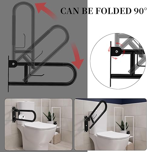 Miniatura 5 de YuanDe - Barra de agarre para inodoro de 22.4 pulgadas, riel de soporte antideslizante blanco, barra de agarre abatible en forma de U con soporte