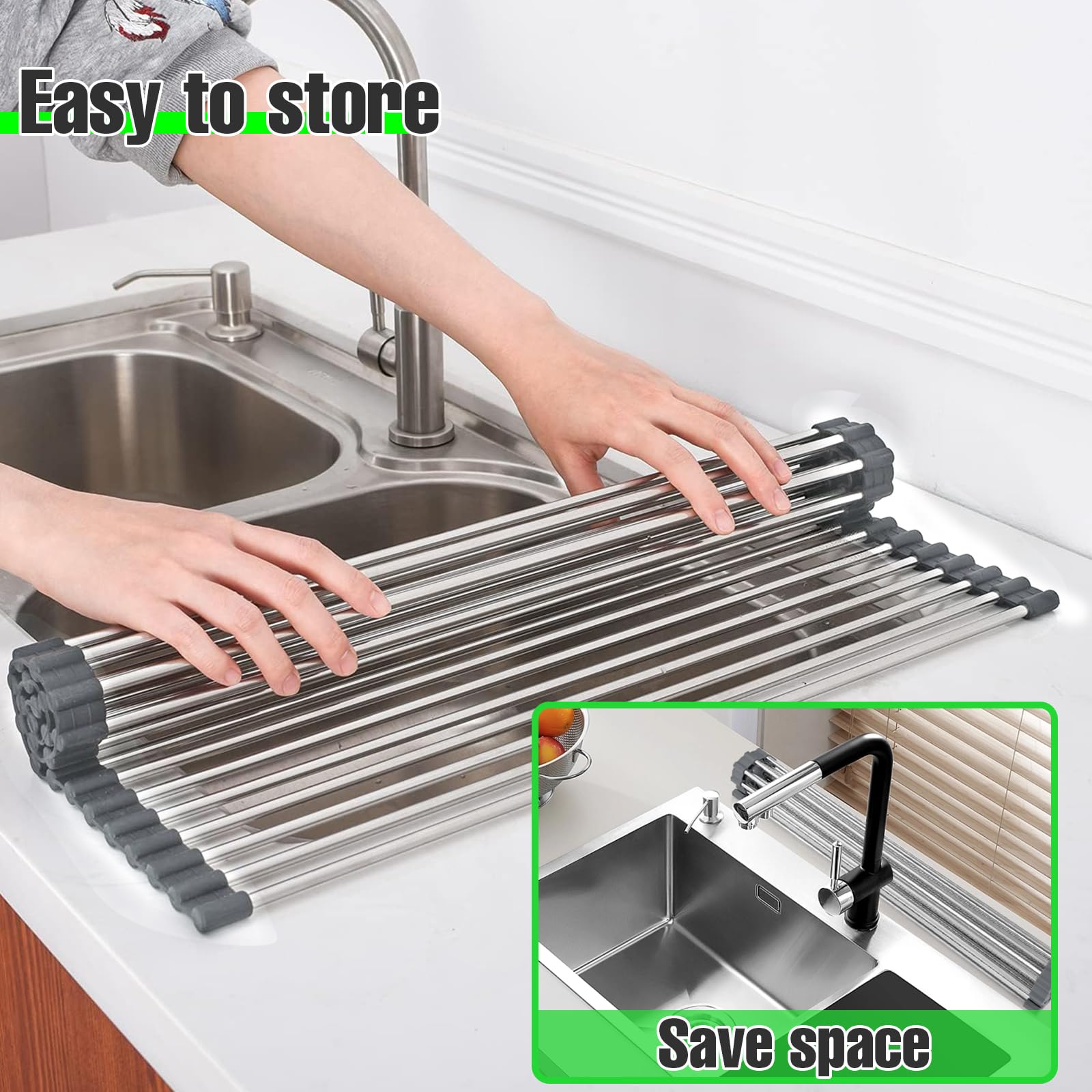 Au-dessus De L'évier, égouttoir à Vaisselle Enroulable, égouttoir De Cuisine Pliable Polyvalent En Acier Inoxydable, Très Grand - Maison