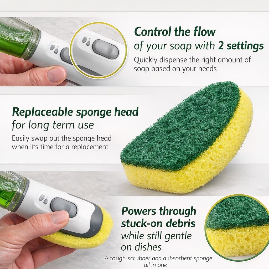 LIBMAN Dishmatic® Dish Wand - Soap Dispensing Dish Brush with Soap Dispenser - Cleaning Scrub Brush with Handle - Refillable Dish Scrubber for Washing Dishes - Stand-Up No-Leak Base image 2