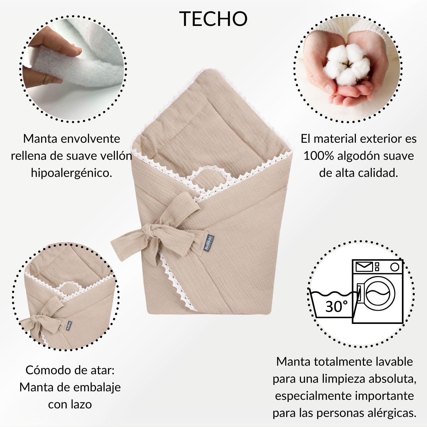 Bellochi 2in1 Saco de Dormir para Bebé - Arrullo para Bebes 75 x 75 cm - Saco para Envolver 100% Muselina - Saco Capazo - Cuddly Muslin Beige