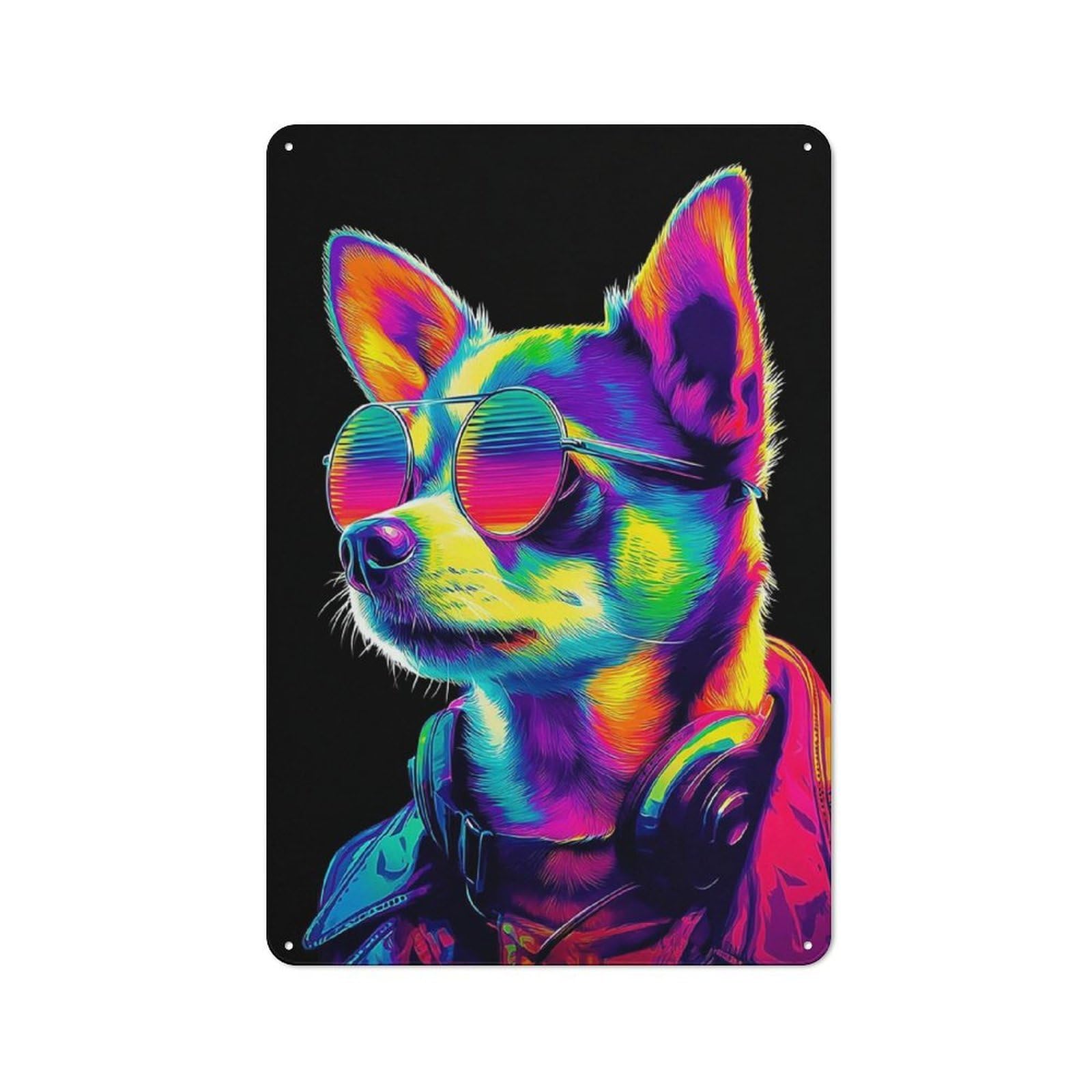 Junmoney Vibrant Neon Dog With Stylish Headphones Tin Wall Plaque 30X20cm With For Café Or Restaurant, New Home Wall Decor For Hospitality Interior Collectors