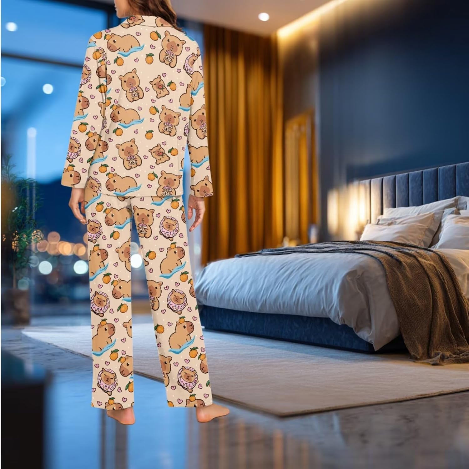 Womens Pajamas 3-Piece Sets Long Sleeve Button Up Pajama Set Loungewear Pjs with Bow Hair Band - Image 4