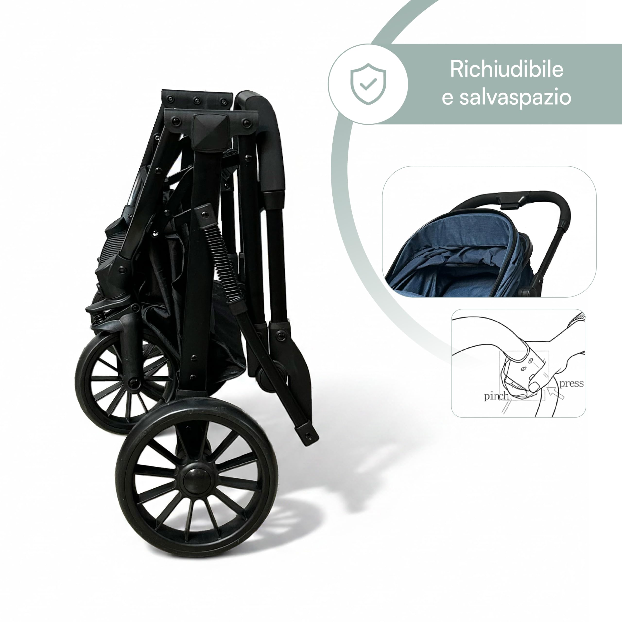 Passeggino Trio 3 in 1 con Navicella, Ovetto e Borsa Mamma, Reversibile, Schienale Reclinabile, Chiusura Compatta, 6-36 Mesi (Blu)