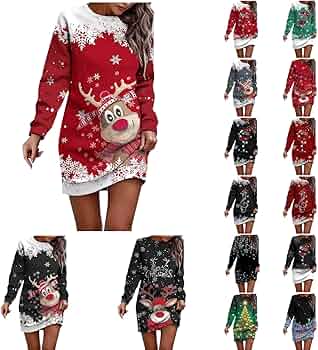 Robe Femme Chic Et Elegant Noel, Robe Annee 50 Robe De Noël Père Noël Manches Longues Col Rond Imprimé Cerf Robe Bonhomme De Neige Robe Swing Costume