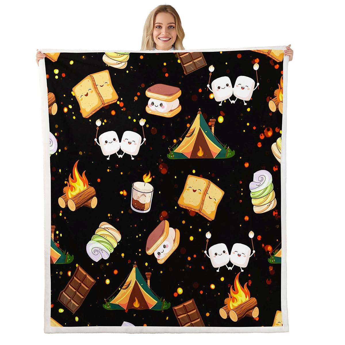 Cute Marshmallow Fleece Throw Blanket 40"x50" Cute S'Mores Cookie Plush Blanket for Bed Sofa Couch Boys Happy Camping Sherpa Blanket Outdoor Adventure
