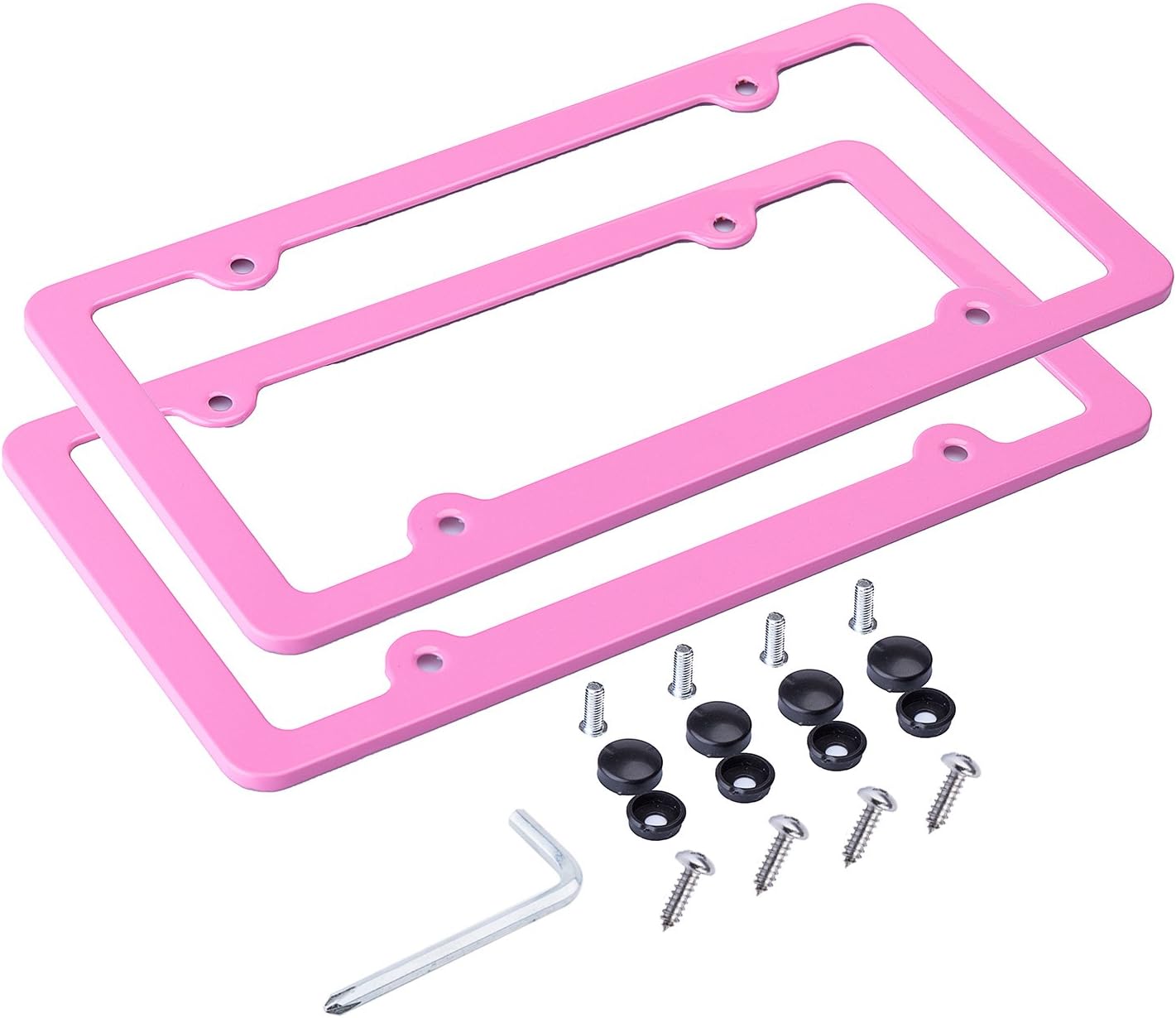 L-Fine Aluminum Alloy License Plate Frame with Screw Caps (Pink 4 Holes)