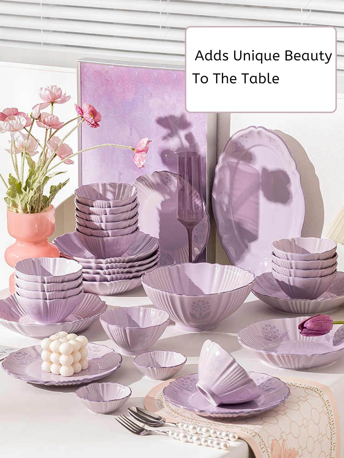 Tafelservice Lila Teller-Set Im Modernen Look Geschirrset 6 Personen Mit Schüssel, Teller, Esslöffel Servierplatte Keramik Unzerbrechliches Spülmaschinen Und Mikrowellenfest Kratzfest(20pcs)