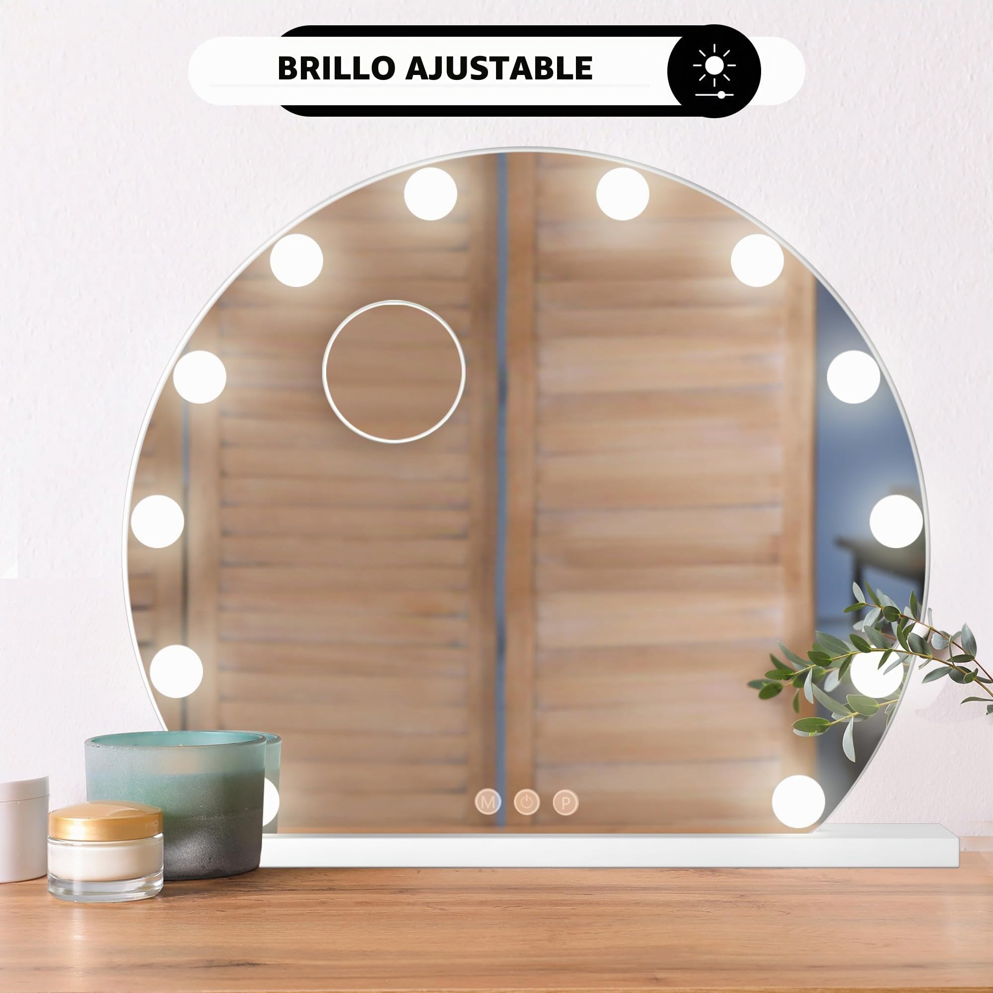 Bayt Hollywood - Espejo de maquillaje con iluminación LED, regulable, 3 modos de luz y 10 aumentos, gran espejo cosmético para tocador, 55 cm de diámetro, color blanco
