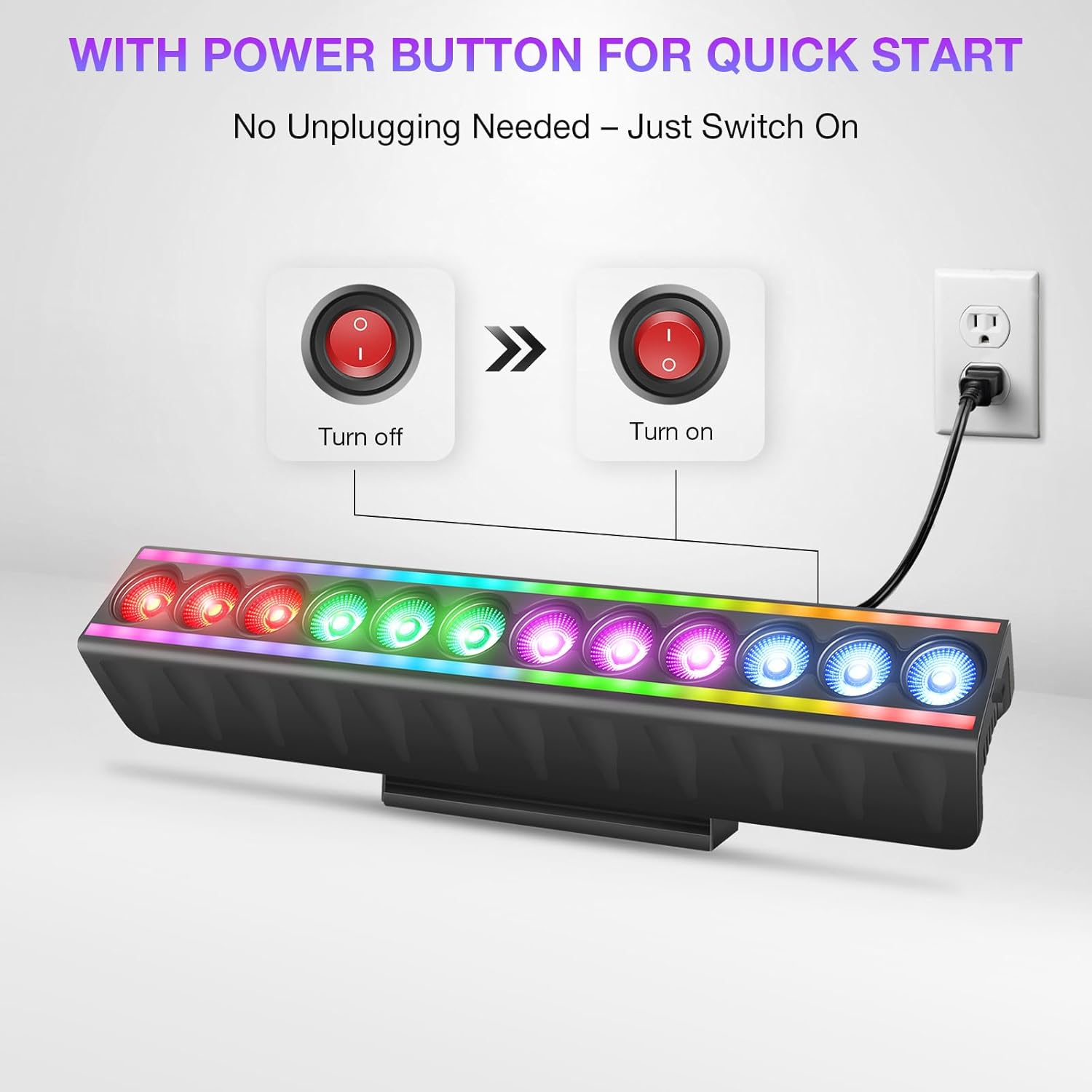 Diagram showing the power button and power connection for the LED Stage Wash Light Bar.