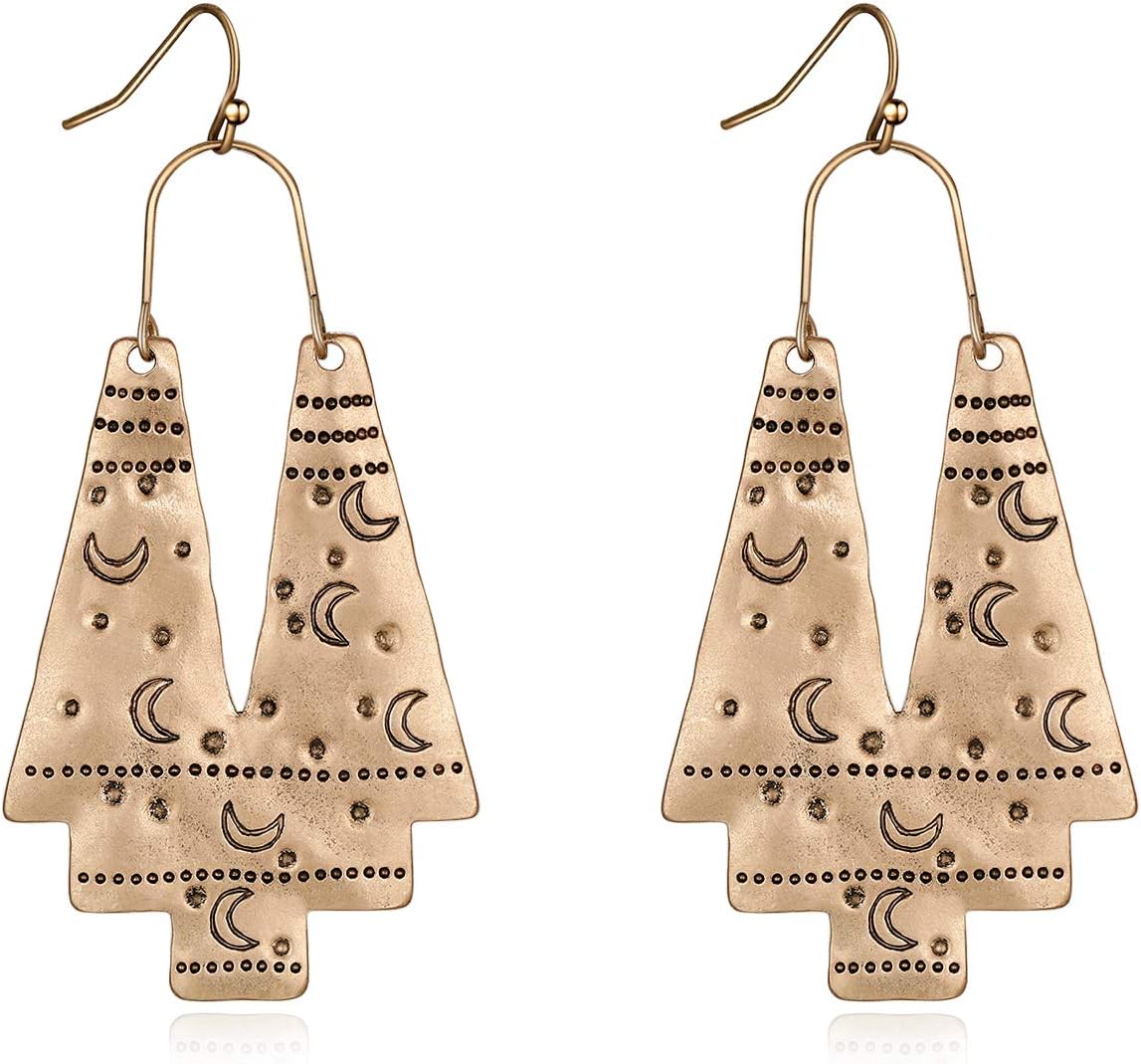 Vintage Geometric Drop Earrings Carving Moon Pattern Big Gold Statement Earrings For Women