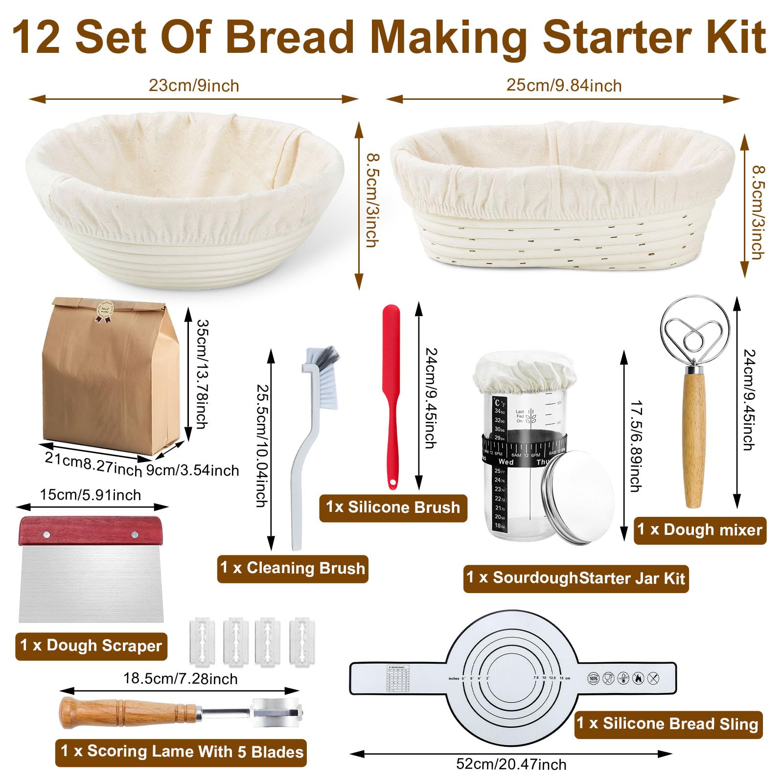 Lot de 12 Kit Complet de Levain avec 2 Paniers de Pousse | Comprend 2 Paniers Ovale 25cm et Rond 23cm, Toile Silicone, Pot à Levain, Mélangeur à Pâte, Raclette, Corne