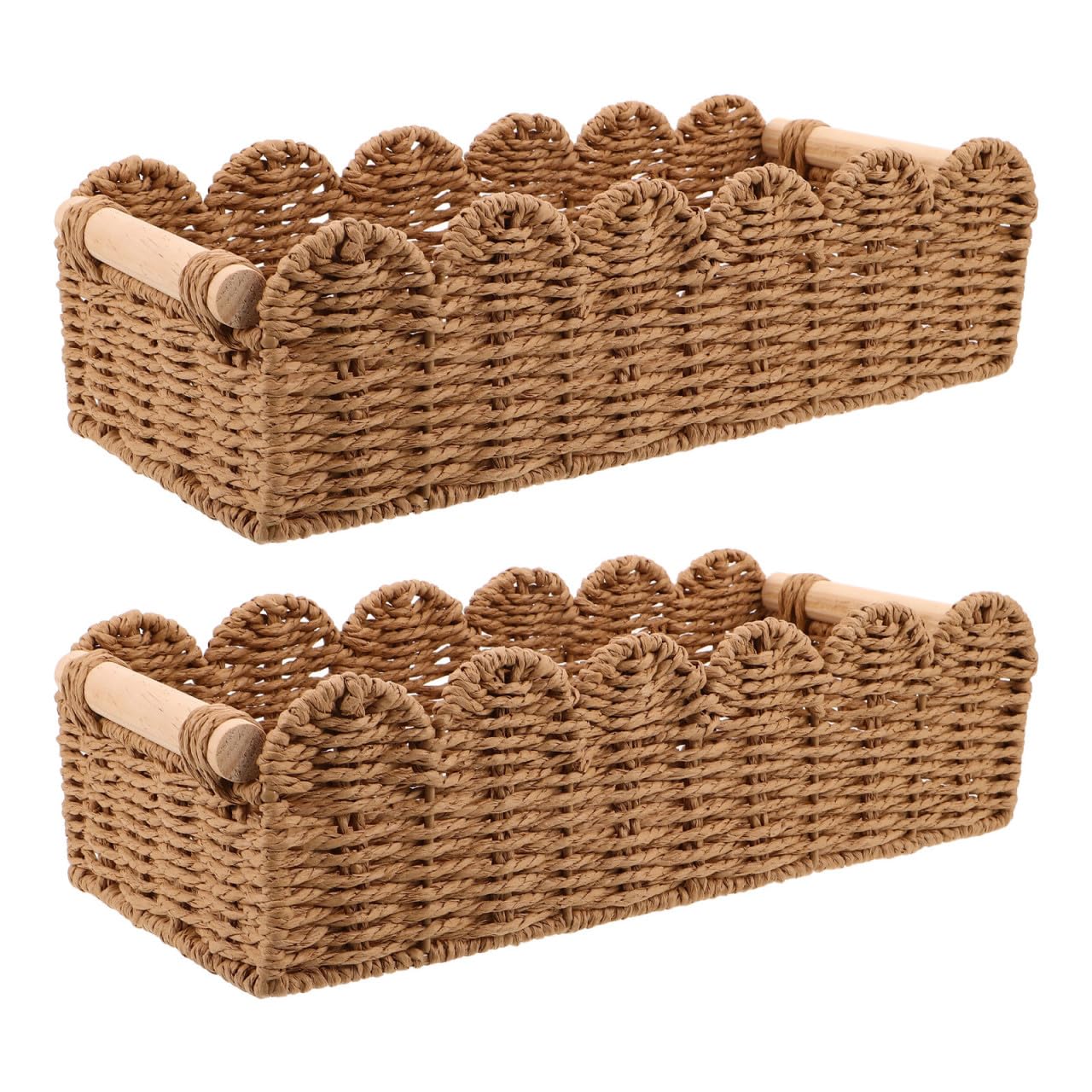 SHINEOFI Cesta de Almacenaje Tejida Borde Ondulado con Asa de Madera 2 Piezas Cesta de Almacenamiento de Papel Higiénico Marrón , Papel de Cuerda , para Encimera de Baño Inodoro