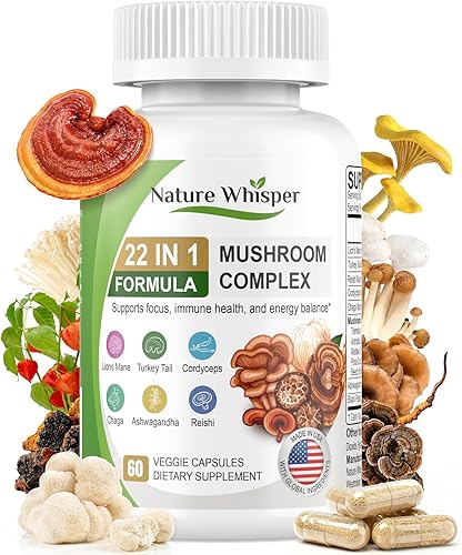 Suplemento de hongo de melena de león 22 en 1 con Ashwagandha  Pimienta negra para apoyo al bienestar, complejo de hongos con pavo, cola, reishi,