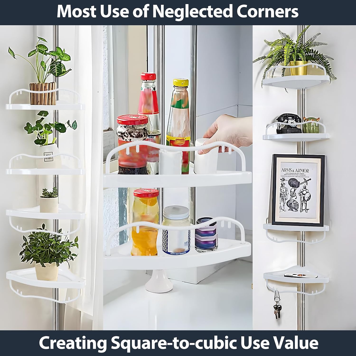 Corner Shower Caddy 4-Tier, 39-125" Adjustable Rustproof Tension Pole, No-Drill Large Bathroom Shelf Organizer for Shampoo, Soap & Accessories, White