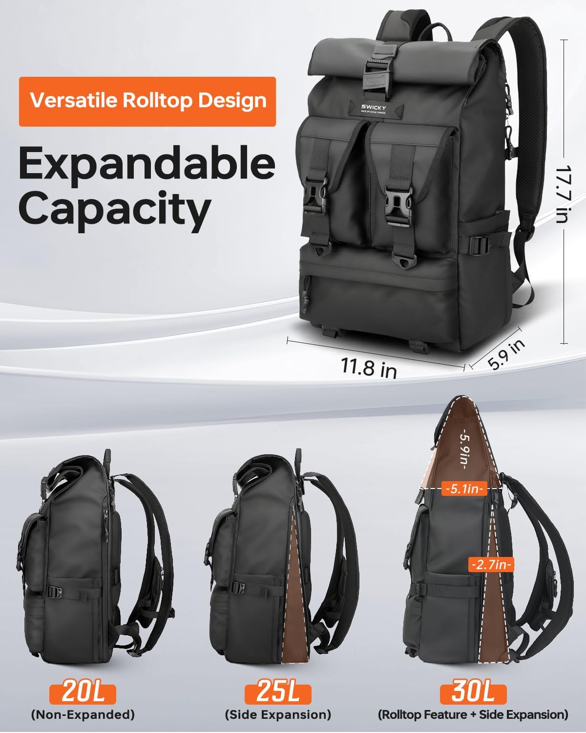 SWICKY 30L Travel Rolltop Backpack, Expandable with Laptop Compartment, Water Resistant, Airline Carry-On Approved, Unisex Backpack for Travel & Commute (18x14x8 Inches)