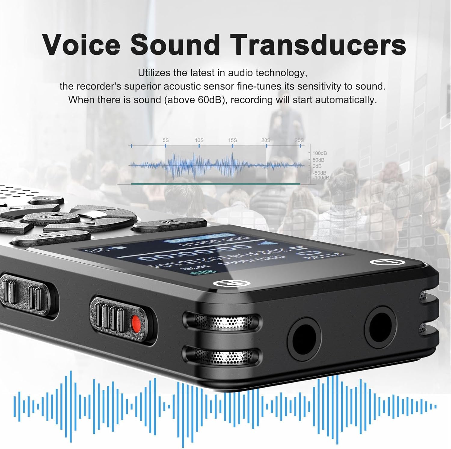 Enregistreur vocal numérique 160 Go avec lecture – Appareil d'enregistrement audio de 9999 heures pour entretiens de conférence, 3072 Kpbs HD double micro pour répétition A-B, lecteur MP3