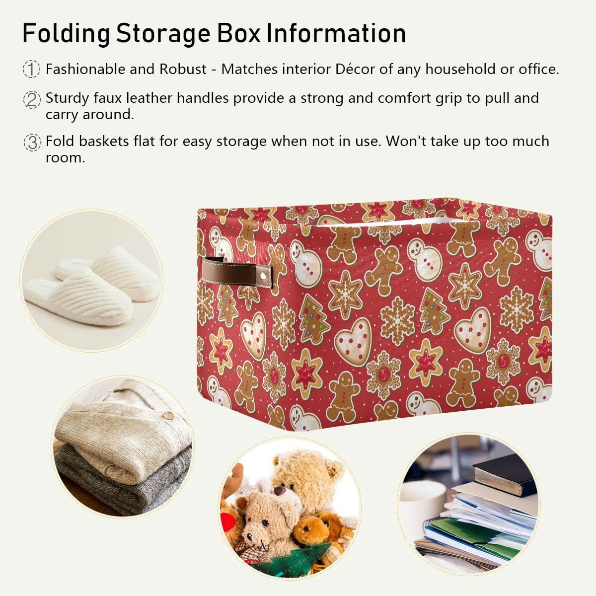 Christmas Gingerbread Man Red Storage Basket Fabric Laundry Baskets Winter Snowflake Snowman Xmas Tree Storage Boxes Organizer Bag for Baby Cloth Dog Toy Book Storage Cubes Shelf Closet Bins 16×12×8