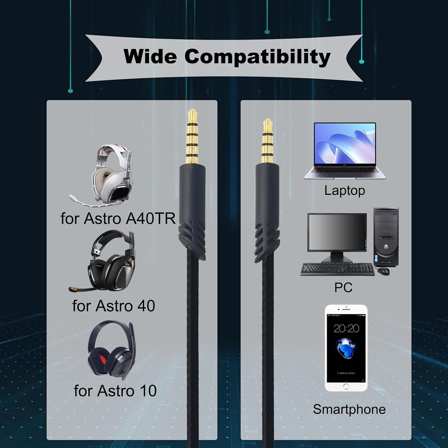 Replacement Audio Cable for Astro A10 A40 Gaming Headsets | Inline Volume Control Cable Cord, Audio Aux Gaming Wire ,2 M 6.5 Feet, Black