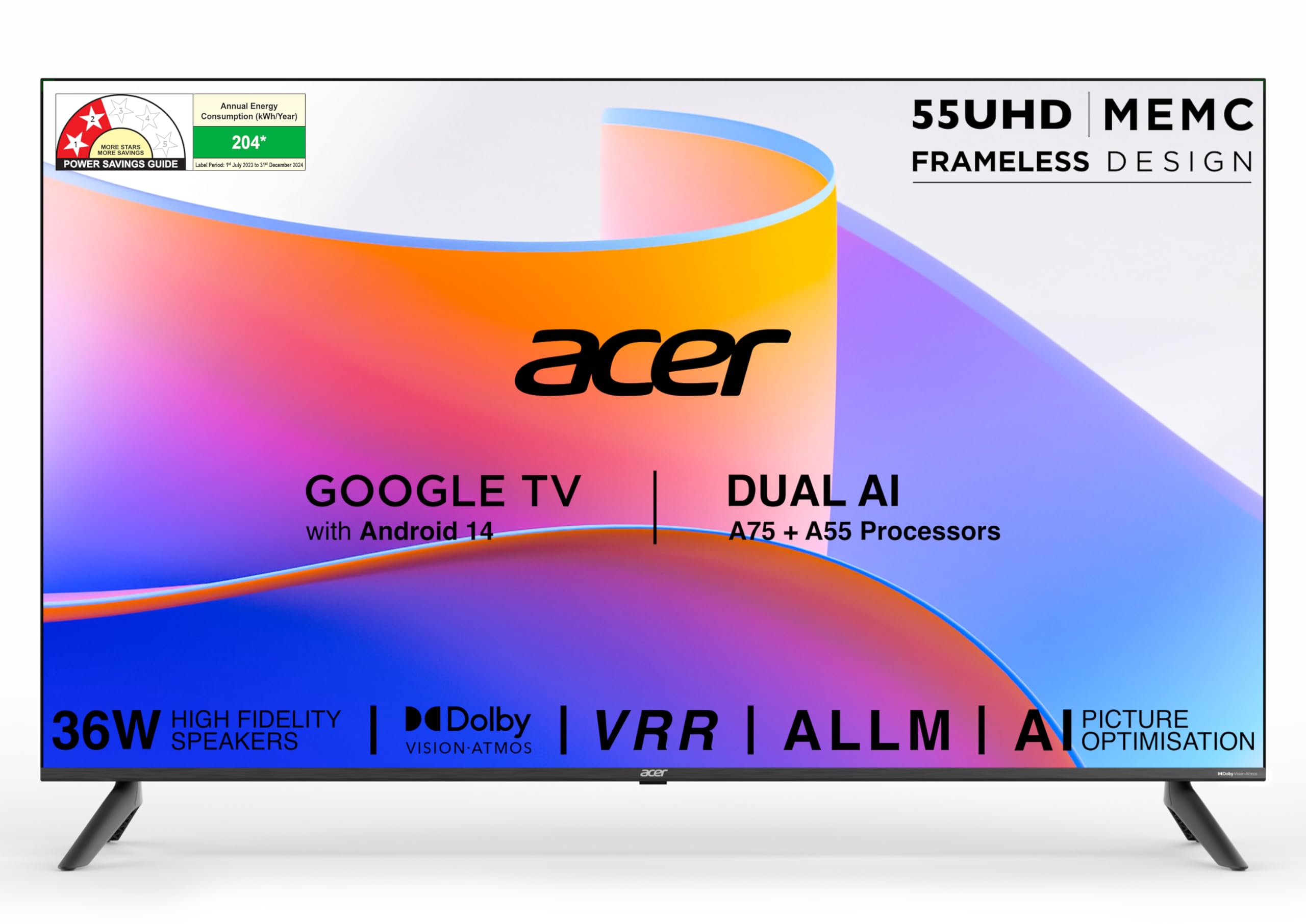 acer 139 cm (55 inches) I Pro Series 4K Ultra HD LED Smart Google TV with Android 14 (Black) | MEMC | ALLM | VRR | AI Picture Optimisation | 36W Speakers | Dolby Vision-Atmos