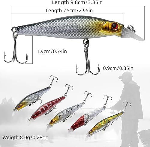 Miniatura 5 de Minnow Crank Baits - Kit de señuelos de pesca con anzuelos para agua salada y agua dulce, kit de señuelos para pesca de trucha, lubina, salmón
