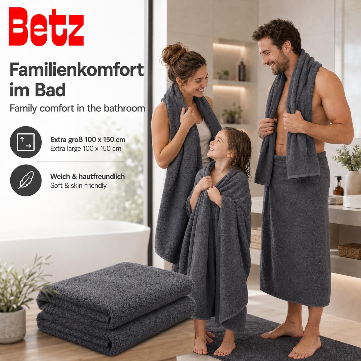 Betz 2 Piezas Maxi Toallas de Ducha XXL Toalla de baño tamaño 100x150cm Berlin Color Gris Oscuro - Berlin