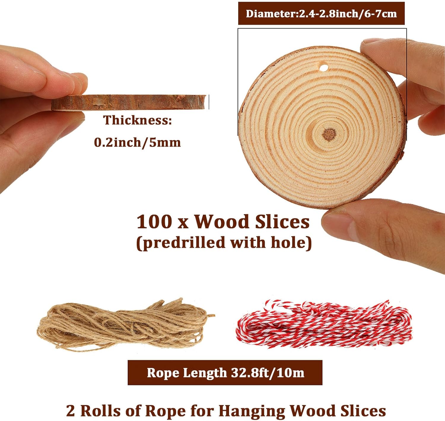 Acrux7 100 PCS Natural Wood Slices for Painting, 2.4-2.8 Inch Unfinished Wood Slice Discs Predrilled with Hole, Round Wooden Slices for DIY Crafts, Arts, Christmas Ornaments, Coaster, Home Decoration