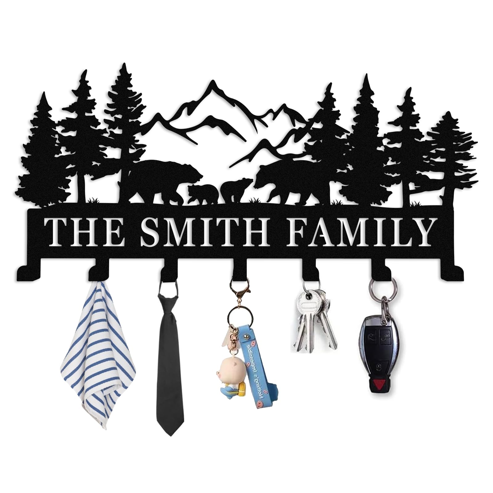 Met5kdm Style-12 Personalized Key Holder For Wall With Name,Custom Bear Family Key Hooks Wall Mounted,Forest Themed Key Hanger,Coar Rack Organizer For Living Room Kitchen Bedroom