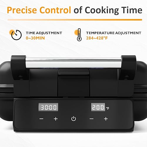 Miniatura 5 de Sunvivi Máquina para hacer gofres de 4 rebanadas con calentamiento rápido, control de tiempo y temperatura, pantalla LCD, superficie antiadherente,