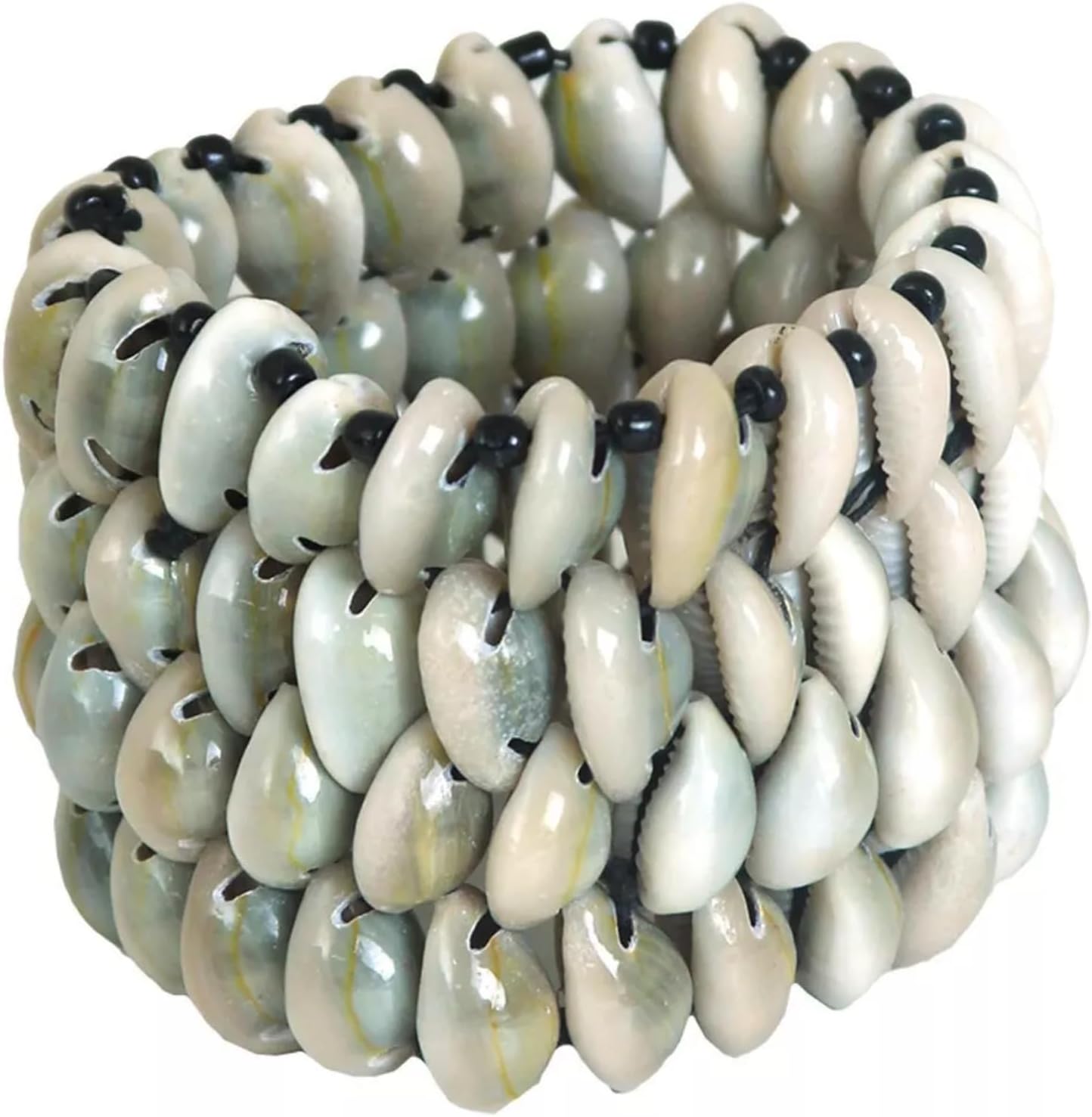 Cowrie Shell Bracelet With Black Beads | Handmade Stretchy Quad-Row Shell Bracelet, Unisex