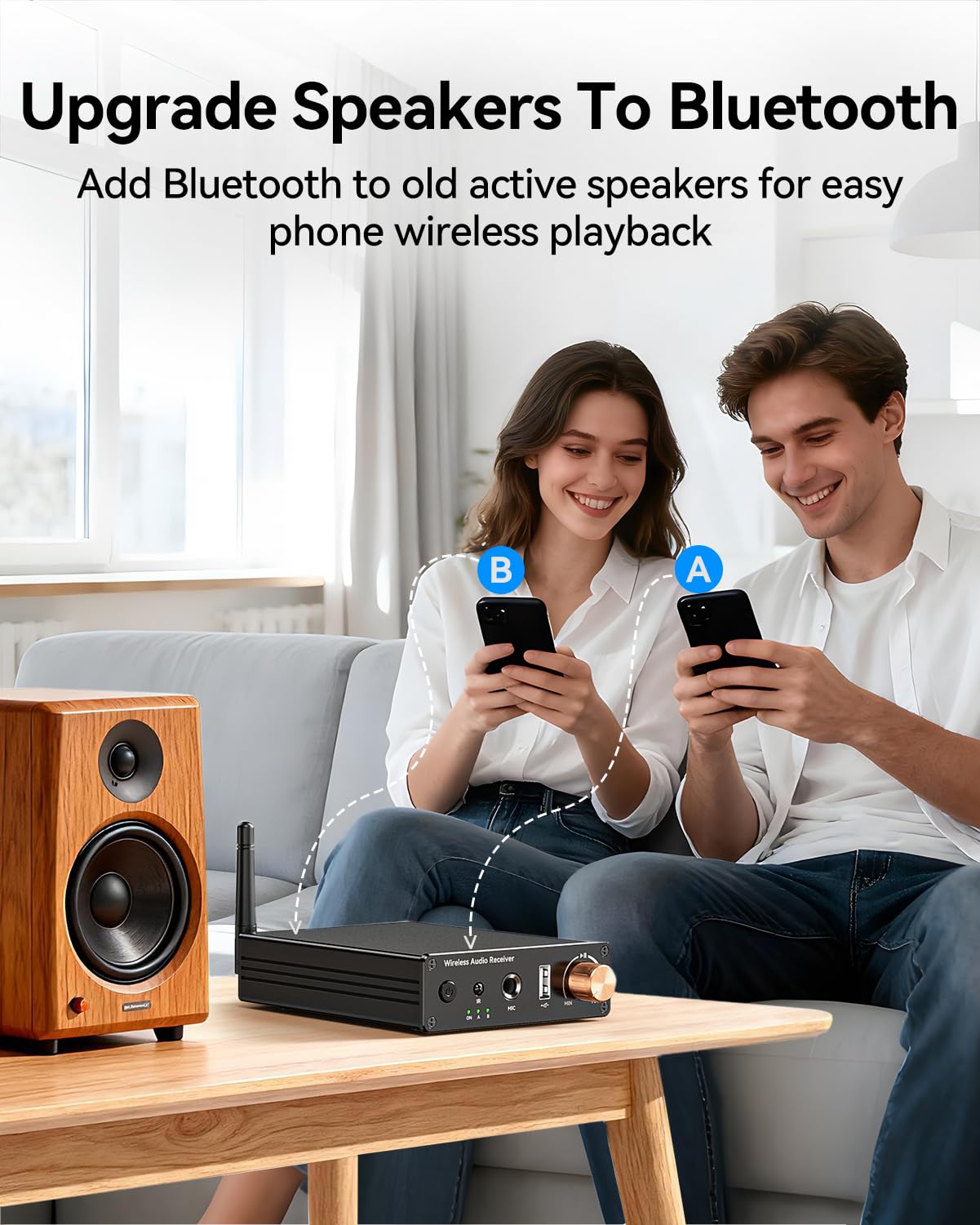 Receptor Bluetooth 6.0, inalámbrico Bluetooth de largo alcance, baja latencia para sistemas estéreo de transmisión de audio en casa, música, con AUX de 3.5 mm/RCA, reproducción de unidad flash USB y