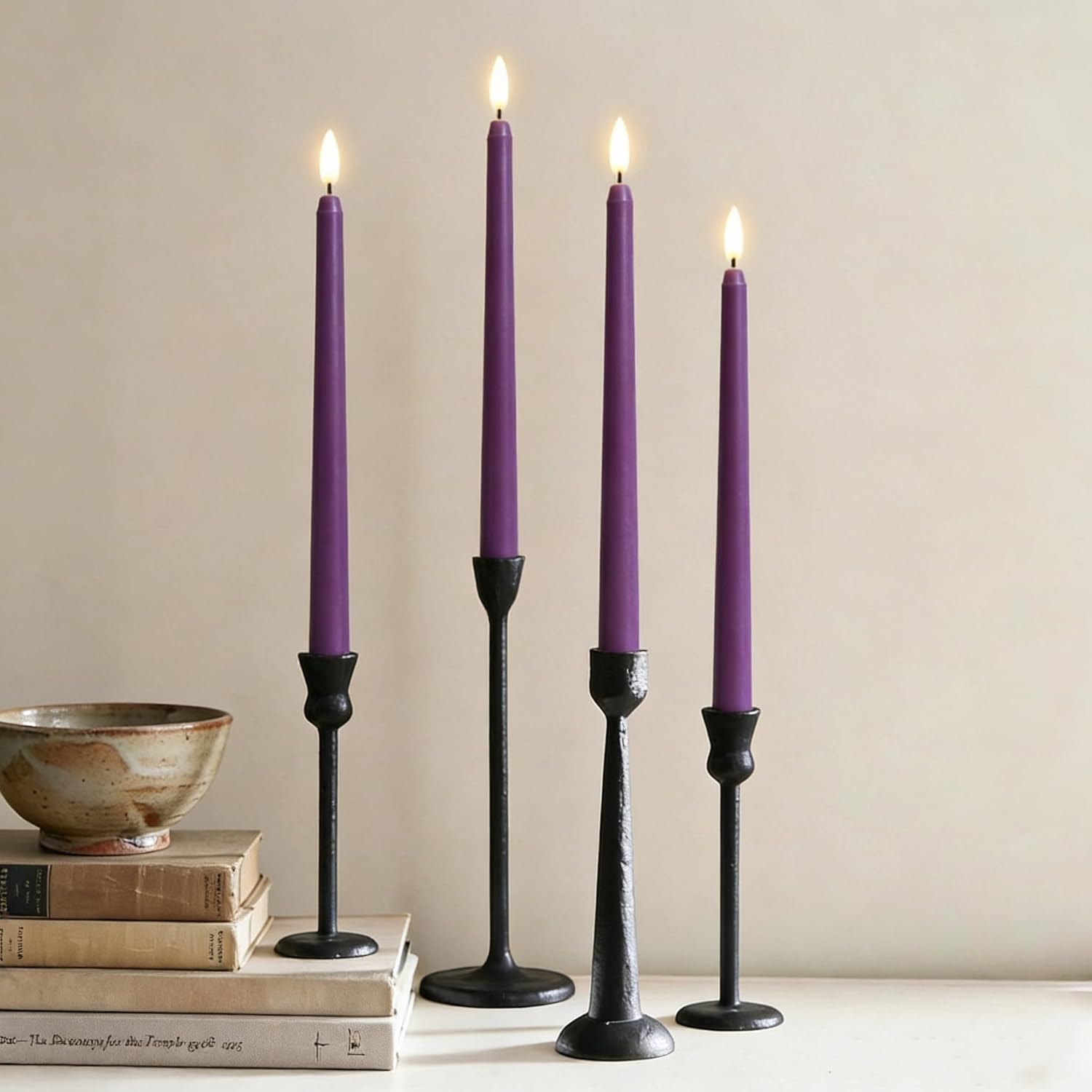 Purple Flameless Taper Candles with Remote, Flickering Battery LED Candlesticks Home Decor Set of 12