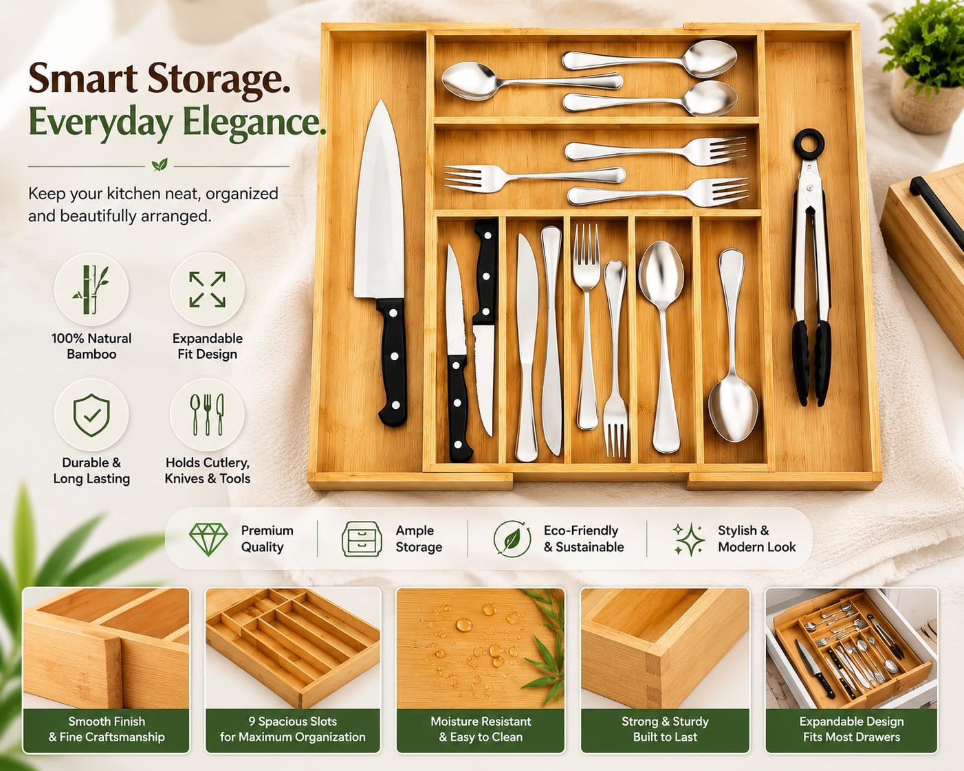 Elmora Bamboo Kitchen Drawer Organizer, 9 Slot Expandable Utensil Organizer image 3