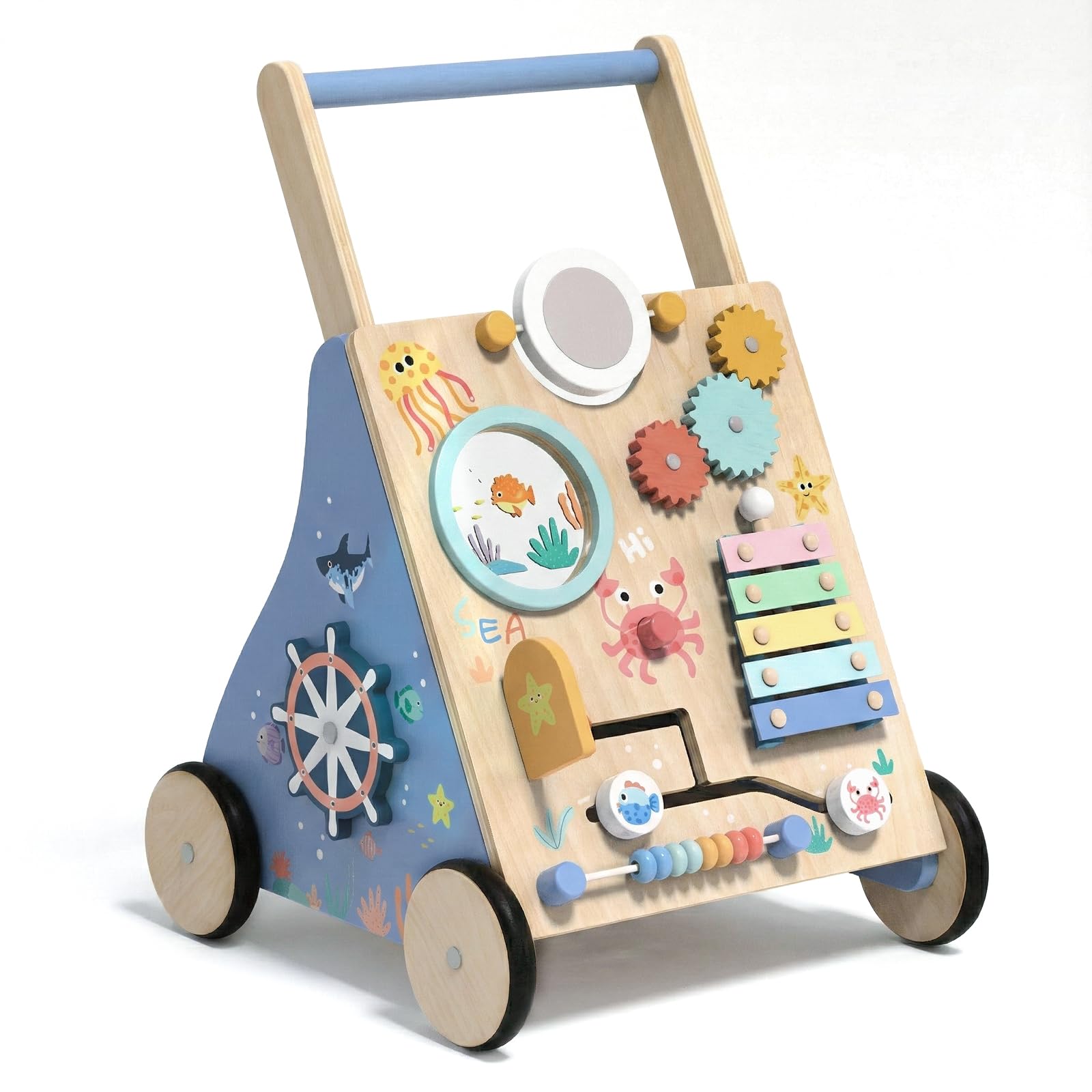 Ocean-Themed Wooden Baby Walker with Activity Center, Montessori Push Walker Toy for Babies 18 Months, Safe First Steps Baby Walking Aid for Boys &