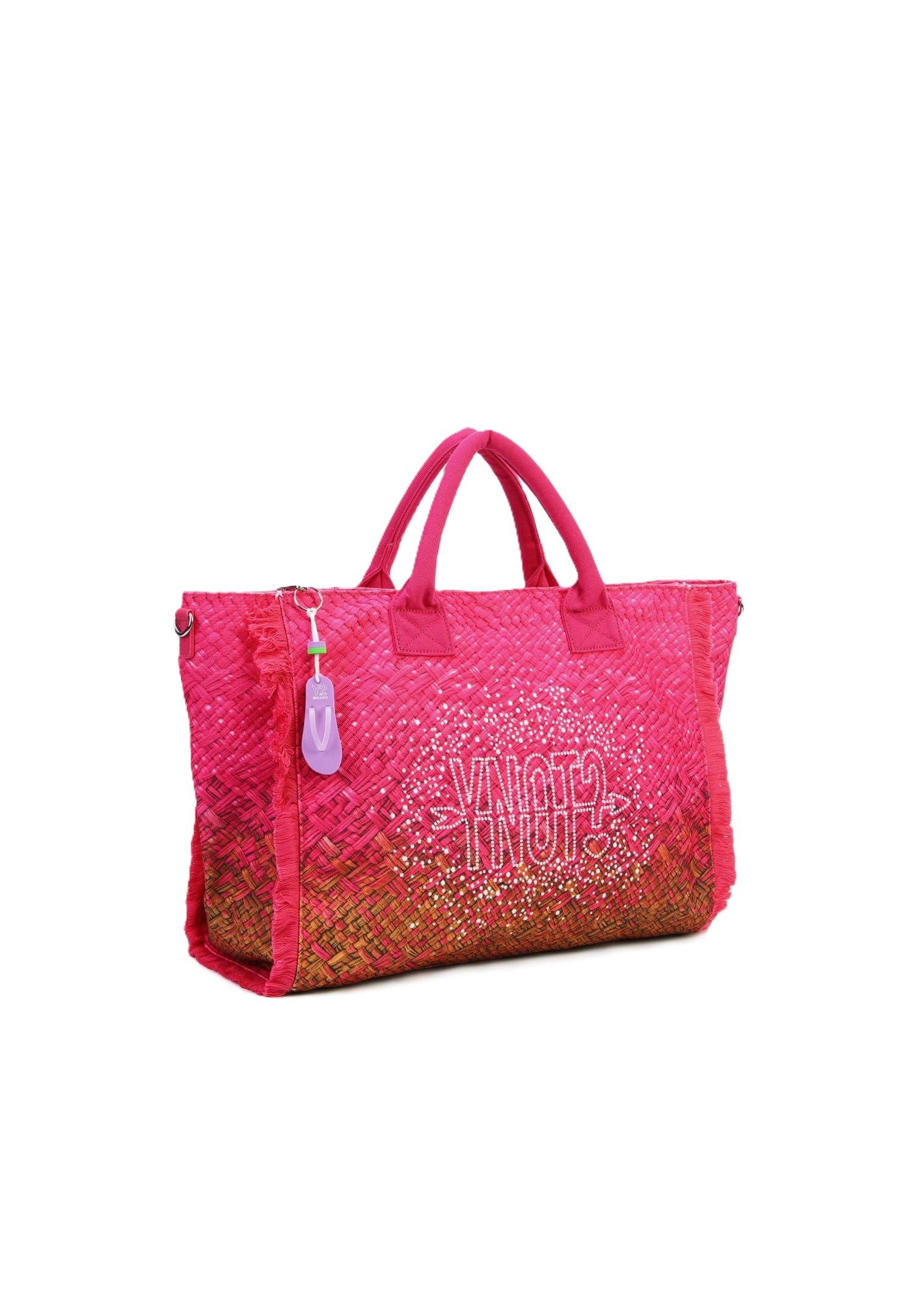 YNOT Borsa Mare Tote Macao MAC001S6, Nylon con Effetto Intrecciato Sfumato, Strass e Frange, 57x33,5x19 cm, Guava