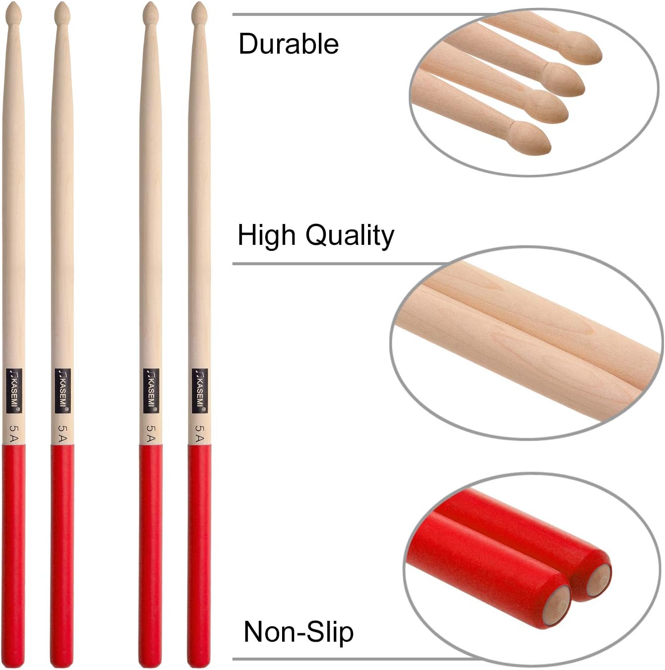 KASEMI Drum Sticks Non-Slip, 5A Wood Tip Drumstick (2 Pair) - Black : Musical Instruments