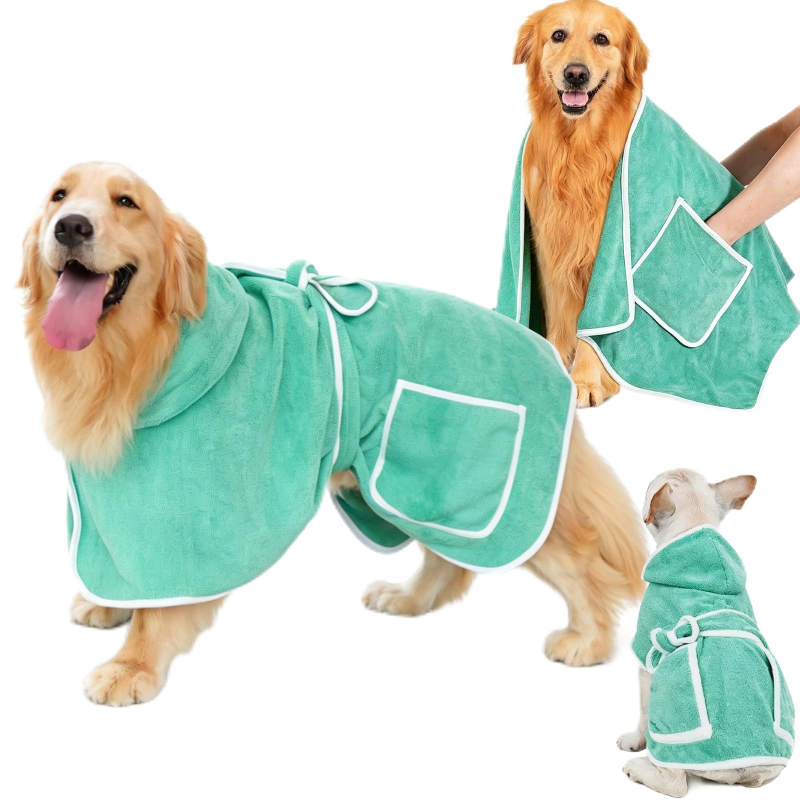 Hundebademantel Set mit Extra Großes Hundehandtuch und Aufbewahrungsbeutel, Stark Saugender Hundebademantel mit Verstellbarer Gürtel für Kleine, Mittlere und Große Hunde