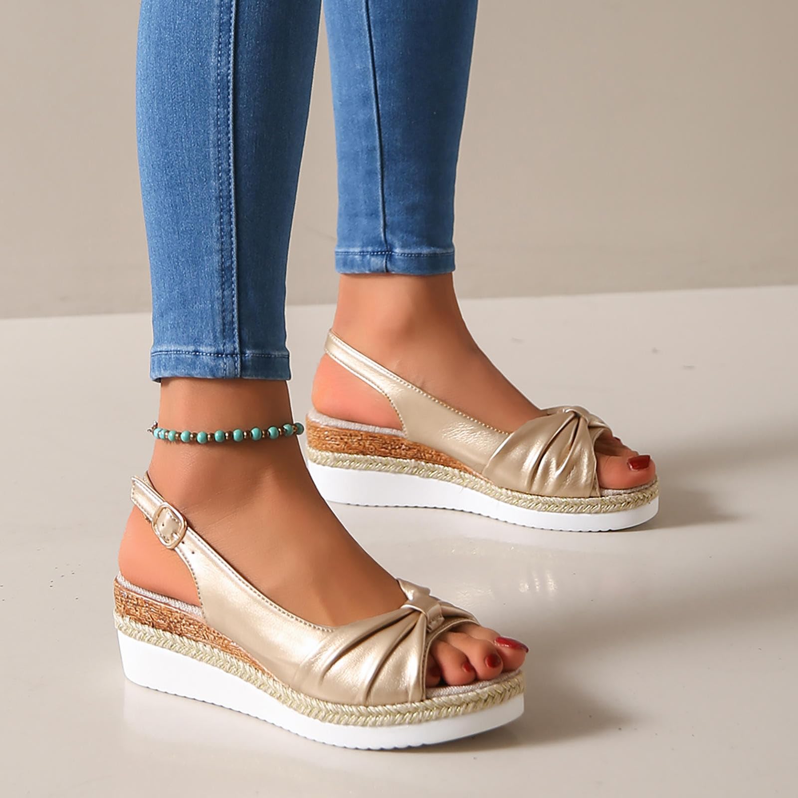 Sandali con zeppa da donna, estivi, con plateau Espadrille Bowknot, con punta aperta, con cinturino alla caviglia, regolabile, per il tempo libero, estivo