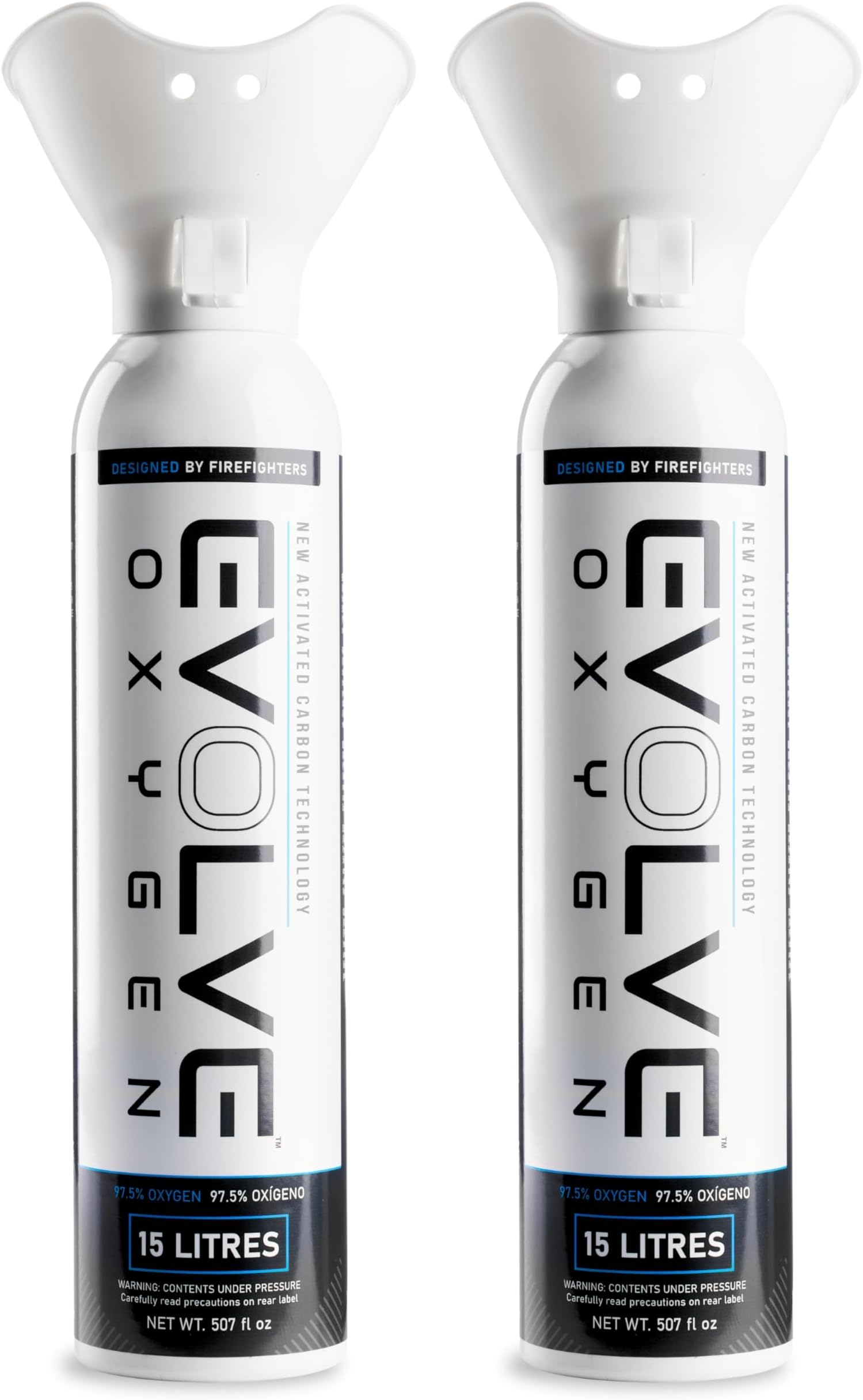 EVOLVE 15-Litre Pure Oxygen Canister with Breathing Cup | Portable Oxygen Can | Ideal for Home Use and Outdoor Activities | Designed by Firefighters | Made in Britain | Pack of 2