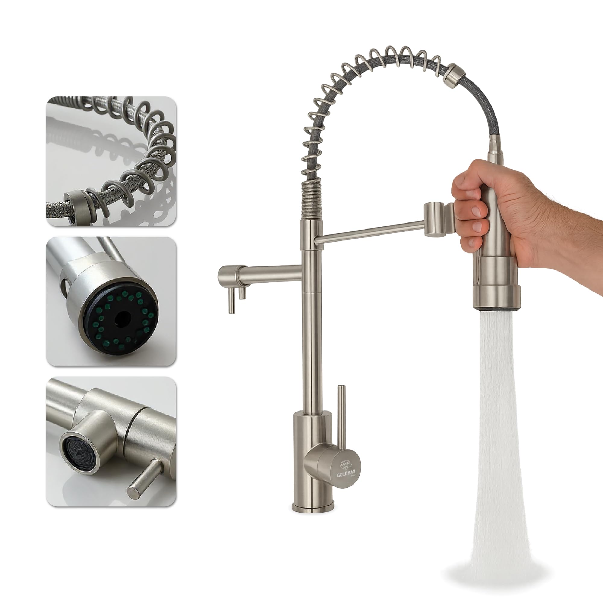 GOLDMAN SERVICE | Grifo Cocina Monomando Extraíble con Caño – Acero Inoxidable, 2 Modos Agua (Spray/Flujo), Giratorio 360°, Manguera 40cm, Instalación Rápida, Grifo Fregadero Flexible