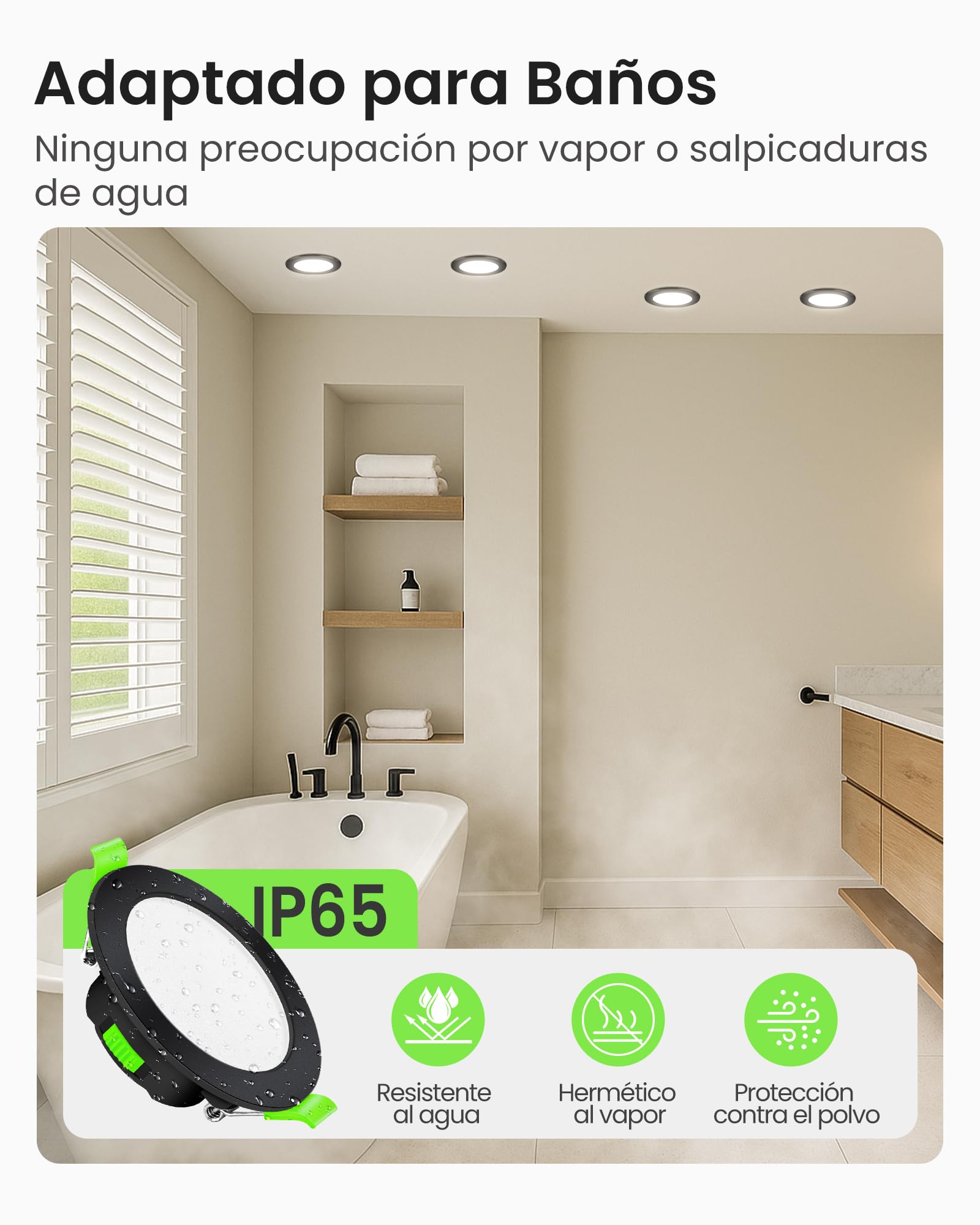 ALUSSO IP65 Downlight LED Techo Empotrable Regulable 7W 600LM 3CCT, Pack 6 | 3000K/4000K/6500K Focos LED Interior Techo Empotrado Corte Ø67-75mm, Ojos de Buey LED para Techo Baño Salón, Redonda Negro