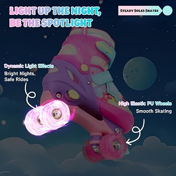 Kids Roller Skates for Girls Kids with Light Up Wheels, Adjustable 4 Sizes (10C-7.5Y), Star Design, Triple Safety System, Ideal Gift for Ages 3-12