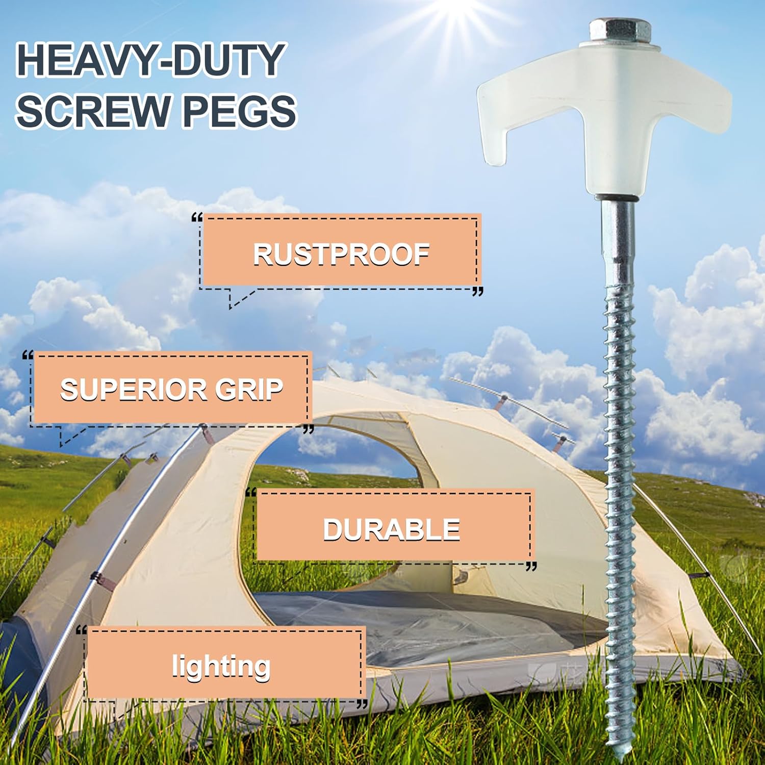 20 Pack Screw in Tent Stakes Heavy Duty, 8 Inch Ground Anchors, Metal Stakes,Camping Tent Accessories with Hex Head Driver and Sturdy Storage Bag (White)